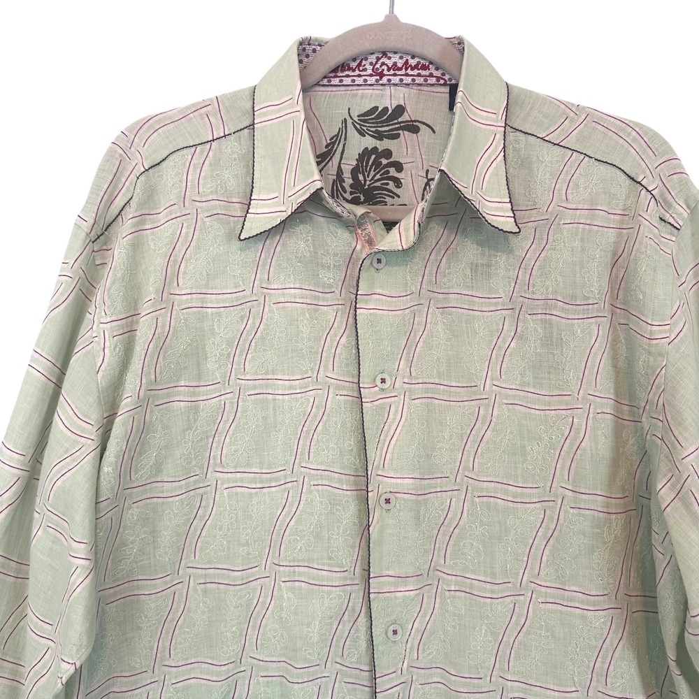 Robert Graham Embroidered Linen Blend Button Down Shirt Green Purple Mens Large - Picture 4 of 15